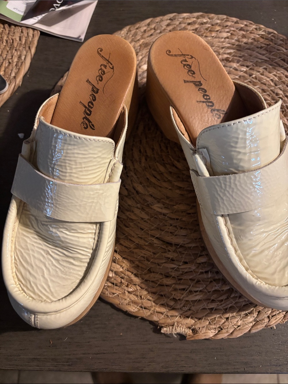 Free People Cream Patent Platform Slide Mules